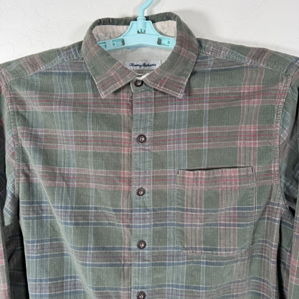 Tommy Bahama Shirt Mens Medium Green Corduroy Long Sleeve Plaid Casual